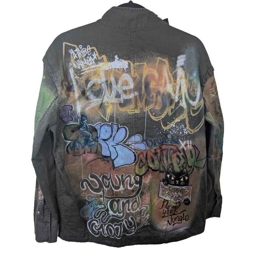 Zara Women's Jacket Green Graffiti Artsy Streetwear Cotton Oversized Small